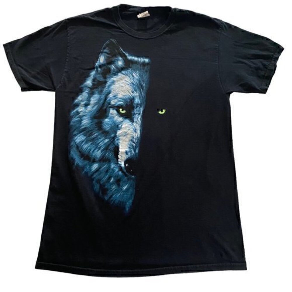 Vintage Fruit of Loom Graphic T-Shirt Split Wolfs Head Print Black Blue Size M